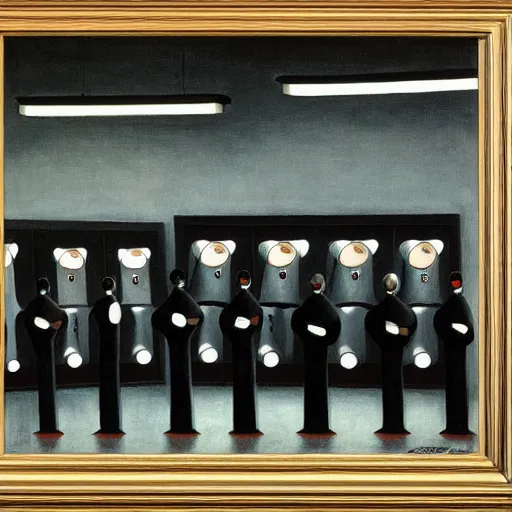 Image similar to robots queue up for eye scanner, grant wood, pj crook, edward hopper, oil on canvas