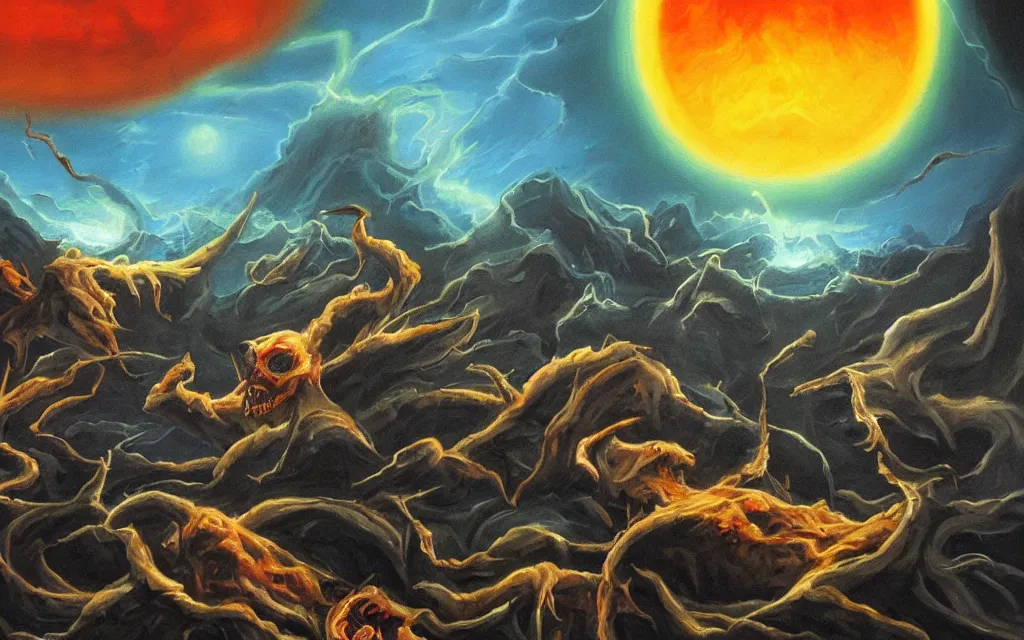 Image similar to black dead sun howling nightmare mythos dread sun of the void above the tomb wastes, award winning oil painting, dream mythos color palette