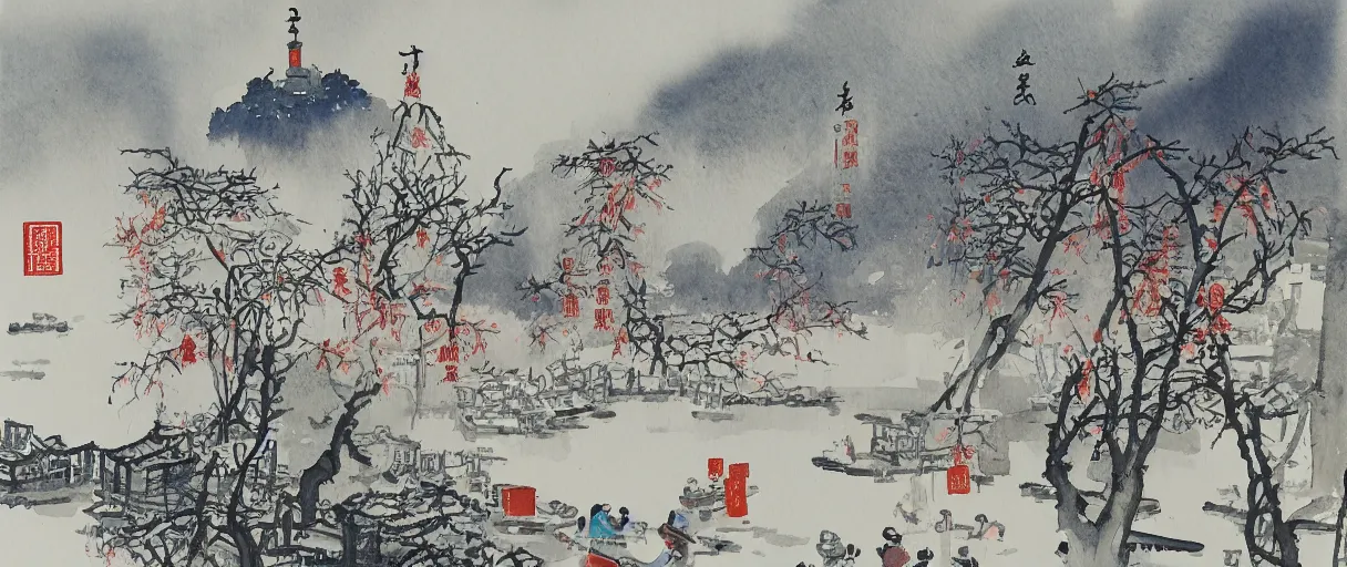 Prompt: the moon is falling and the sky is full of frost, riverfront maple trees and fishing fire to sleep, hanshan temple outside suzhou city, midnight bell to the passenger ship, watercolor, by wu guanzhong