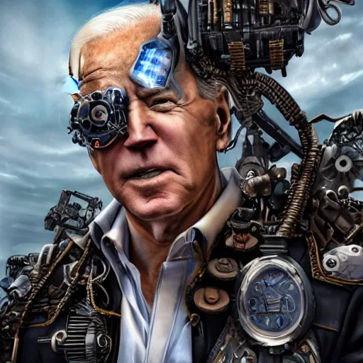 Image similar to joe biden is a steampunk cyborg, scifi, hyper realistic, 8 k