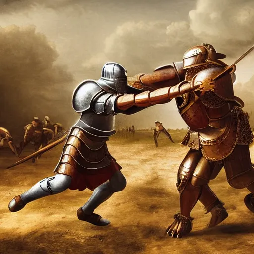 Image similar to a knight fighting goliath, 4k, high detail, high-resolution photograph, professional photography, ultra-detail