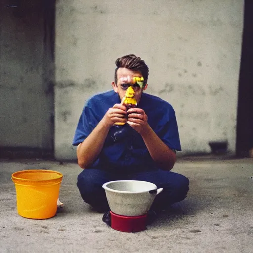 Prompt: kodak portra 8 0 0, flickr photograph of an invisible guy eating glue out of a pot, glue eating guy, yummy glue pot delicious i love eating glue photo