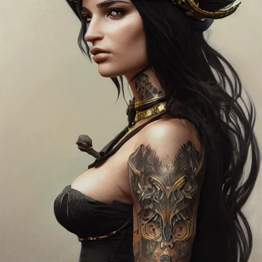 Prompt: an attractive young tattooed female wearing an black ornate metallic helmet, emily ratajkowski, olive skin, long dark hair, beautiful bone structure, intricate, elegant, highly detailed, digital painting, artstation, concept art, smooth, sharp focus, illustration, art by artgerm and greg rutkowski and alphonse mucha