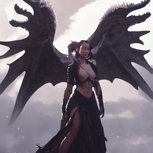 Image similar to a photo of an attractive women with dragon like wings by greg rutkowski, sung choi, mitchell mohrhauser, maciej kuciara, johnson ting, maxim verehin, peter konig, 8 k photorealistic, cinematic lighting, hd, high details, dramatic, dark atmosphere, trending on artstation