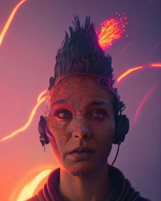 Image similar to highly detailed surreal vfx portrait of a futuristic fire mage in a volcano with lava, stephen bliss, unreal engine, greg rutkowski, loish, rhads, beeple, makoto shinkai and lois van baarle, ilya kuvshinov, rossdraws, tom bagshaw, alphonse mucha, global illumination, detailed and intricate environment