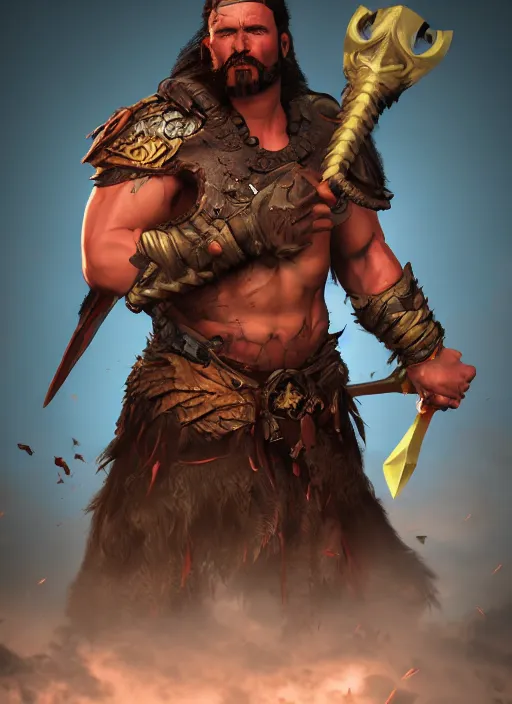 Image similar to A fantasy comic book style portrait painting of a grim barbarian warrior, unreal 5, DAZ, hyperrealistic, octane render, cosplay, RPG portrait, dynamic lighting