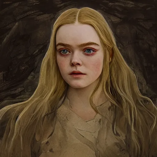 Image similar to Elle Fanning in the painted word of Dark Souls, head and shoulders masterpiece, apocalypse, golden hour, cosmic horror, artstation, in the style of Andrew Wyeth, extremely detailed