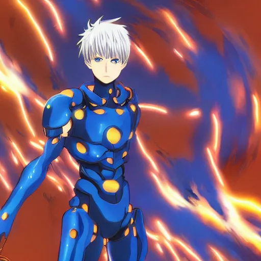 Image similar to portrait of the genos blue flame arms mode, anime fantasy illustration by tomoyuki yamasaki, kyoto studio, madhouse, ufotable, comixwave films, trending on artstation