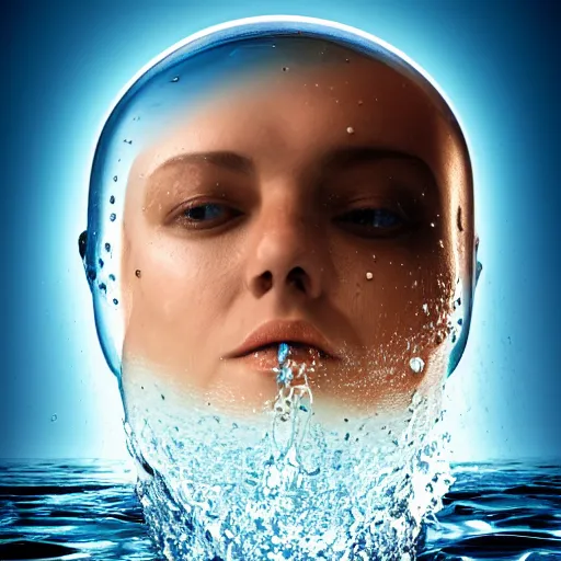 Prompt: water artwork manipulation in the shape of a human head stuffed in a bottle, on the ocean water, futuristic, glowing, gradient, hyper realistic, ray tracing, realistic water, sharp focus, long shot, 8 k resolution, cinematic, photoshop water art