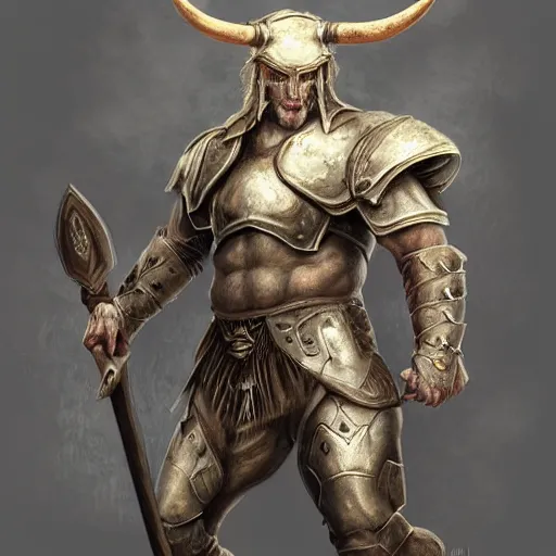 Prompt: Giant minotaur humanoid beast warrior with two handed axe, horned helmet, concept art, heavy white and golden armor, giant horns, portrait, dungeons and dragons, hyperrealism, high details, digital painting, dark fantasy