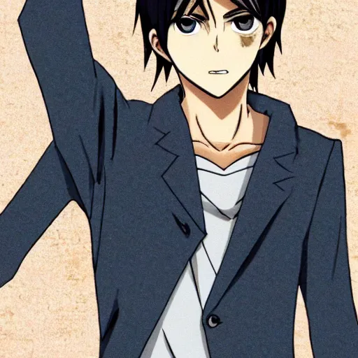 Prompt: Eren Jeager pointing at the ocean wearing a crown and suit