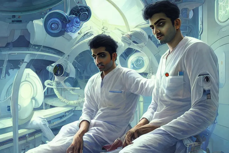 Image similar to Sensual good looking pale young Indian doctors wearing jeans in a space station above Earth performing surgery, portrait, elegant, intricate, digital painting, artstation, concept art, smooth, sharp focus, illustration, art by artgerm and greg rutkowski and alphonse mucha