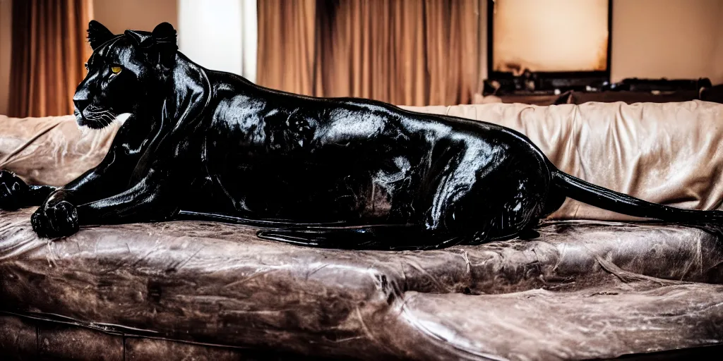 Image similar to the smooth black lioness, made of smooth black goo, laying on the couch in the living room after bathing in the ferrofluid, viscous, sticky, full of tar, covered with black goo. photography, dslr, reflections, black goo