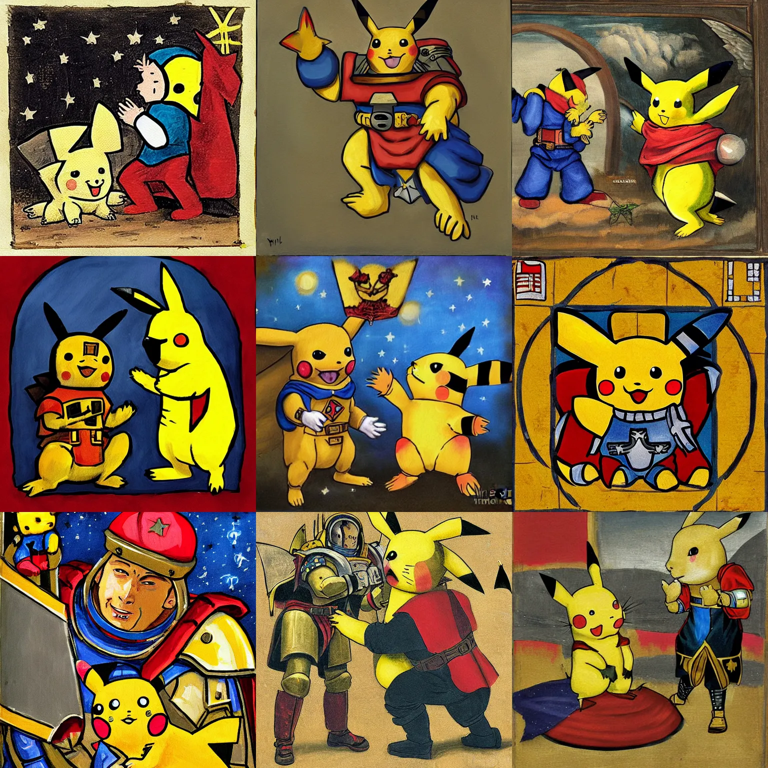 Prompt: medival painting of space marine petting a Pikachu