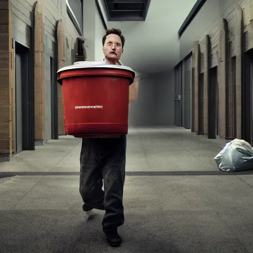 Prompt: portrait of elon musk as a homeless person carrying garbage can, ultra realistic photography, highly detailed, photorealistic, octane render, 8 k, unreal engine