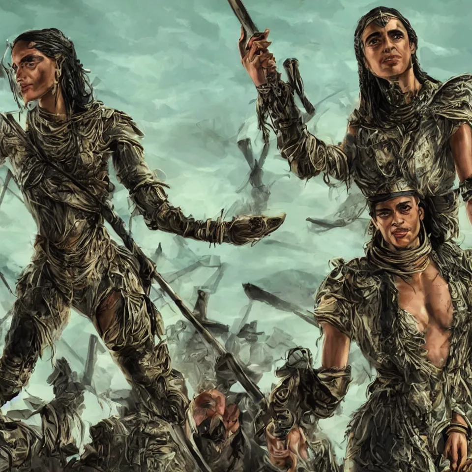 Prompt: Alexandria Ocasio-Cortez as post-apocalyptic warlord ruler of the Green New Deal future, photorealistic