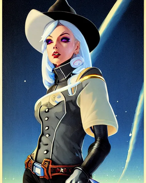 Prompt: ashe from overwatch, white hair, black cowboy hat, space cowgirl, character portrait, portrait, close up, concept art, intricate details, highly detailed, vintage sci - fi poster, retro future, in the style of chris foss, rodger dean, moebius, michael whelan, and gustave dore