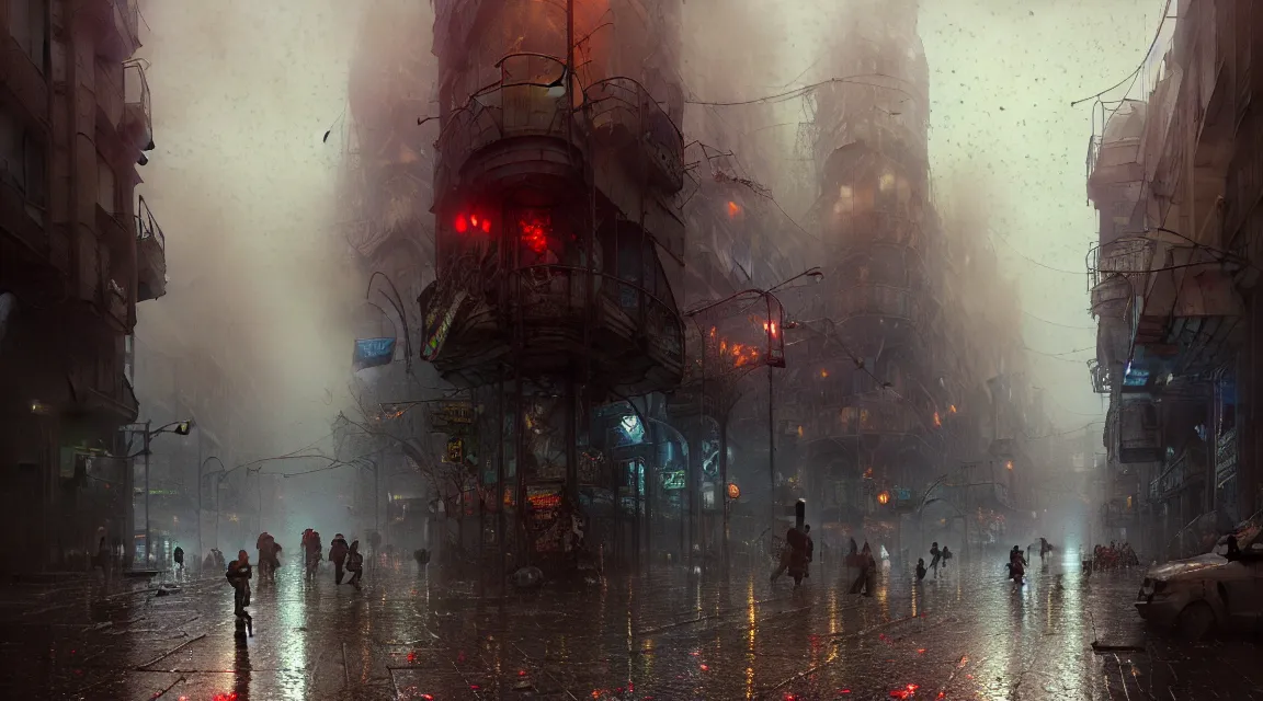 Prompt: the streets of post apocalyptic barcelona, raining, by thomas kinkade, pascal blanche, greg rutkowski, shaddy safadi, neil blevins trending on artstation, photorealistic, ultra detailed, high definition, depth of field, bokeh, wild vegetation, blood stains, crumbling,