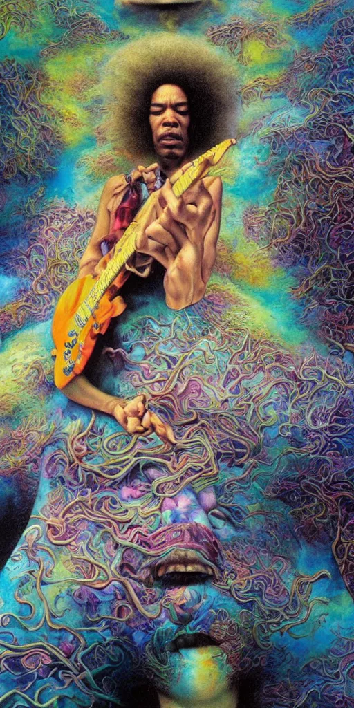 Image similar to ultrawide angle colour masterpiece surreal closeup portrait photography of jimi hendrix playing on stage by miho hirano and annie leibovitz and michael cheval, weird surreal epic psychedelic complex biomorphic 3 d fractal landscape in background by kilian eng and roger dean and salvador dali and beksinski, 8 k