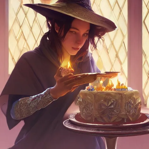 Image similar to a wizard enjoying their birthday cake, art by artgerm and greg rutkowski and alphonse mucha, concept art, octane render, unreal engine 5, highly detailed, high quality, 8 k, soft lighting, realistic face, path traced