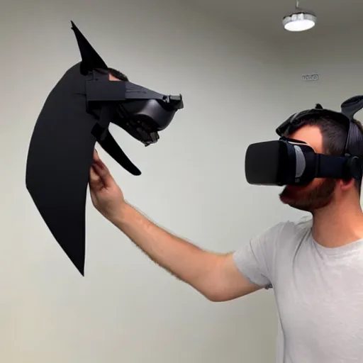 Image similar to a patent drawing award winning black wolf in VR goggles with notes flying around his head, wearing a VR headset inside VR