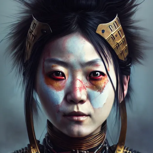 Image similar to portrait painting of a post - apocalyptic japanese lady wearing rusty samurai armor and traditional warpaint, ultra realistic, concept art, intricate details, eerie, highly detailed, photorealistic, octane render, 8 k, unreal engine. art by artgerm and greg rutkowski and charlie bowater and magali villeneuve and alphonse mucha