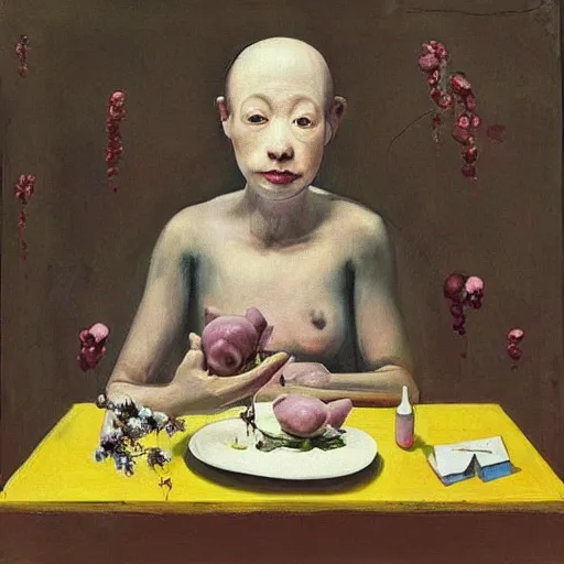 Image similar to “a portrait in an art student’s apartment, a feminine pig sitting at a dining table, pork, ikebana white flowers, white wax, squashed berries, acrylic and spray paint and oilstick on canvas, by munch and Dali”