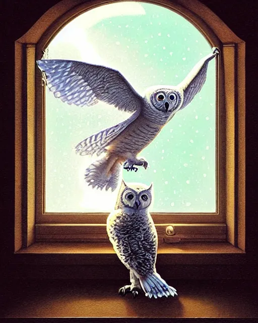 Image similar to polar owl delivers an envelope at the window - sill, by artgerm, victo ngai, ryohei hase, artstation, highly detailed digital painting, smooth, global illumination, art by john james audubon by greg rutkowsky, karl spitzweg, leyendecker