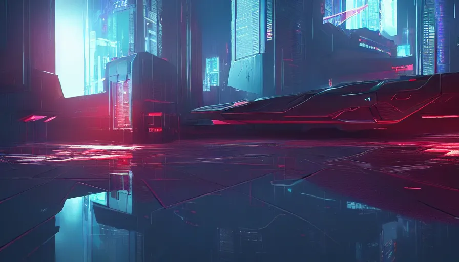 Image similar to concept art of a futuristic dark cyberpunk distopia with reflections, rendering in octane and redshift