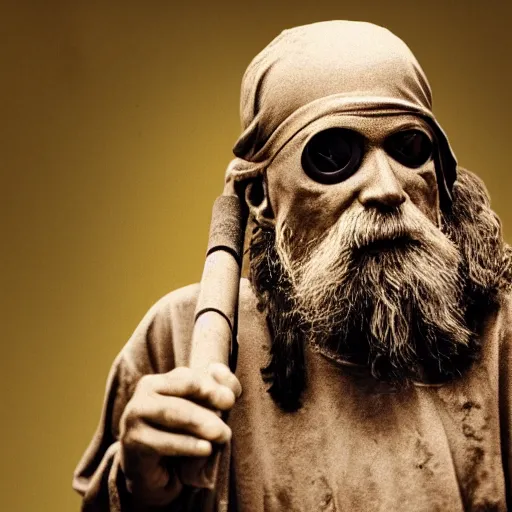 Prompt: a hermit with an eyepatch and a wooden cane, high resolution film still, 8k, HDR color