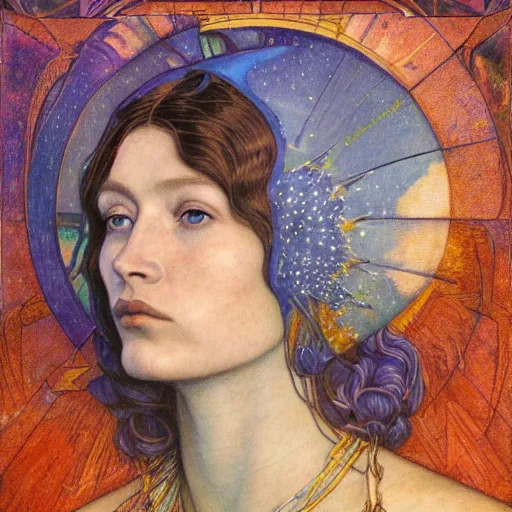 Image similar to queen of the moon with stars in her hair, by annie swynnerton and donato giancola and diego rivera and nicholas roerich and jean delville and charlie bowater and dulac, dramatic lighting, god rays, geometric tattoos, rich colors, smooth sharp focus, extremely detailed, leo and diane dillon, adolf wolfli