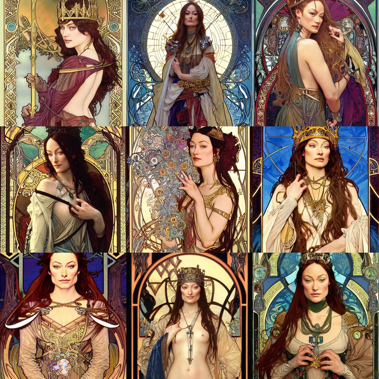 Prompt: realistic detailed of Olivia Wilde as a medieval queen by Alphonse Mucha, Ayami Kojima, Amano, Charlie Bowater, Karol Bak, Greg Hildebrandt, Jean Delville, and Donato Giancola, Art Nouveau, Neo-Gothic, gothic, rich deep colors , tarot card