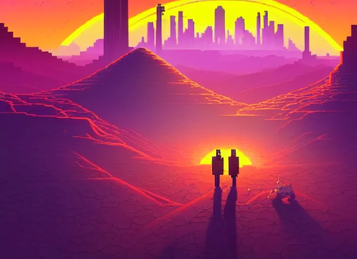 Prompt: detailed pixel art, science fiction pc game point - and - click adventure, lucas arts, desert with city in the skyline, two suns, purple orange colors, sharp focus, illustration, highly detailed, digital painting, concept art, matte, art by wlop and artgerm and greg rutkowski, masterpiece