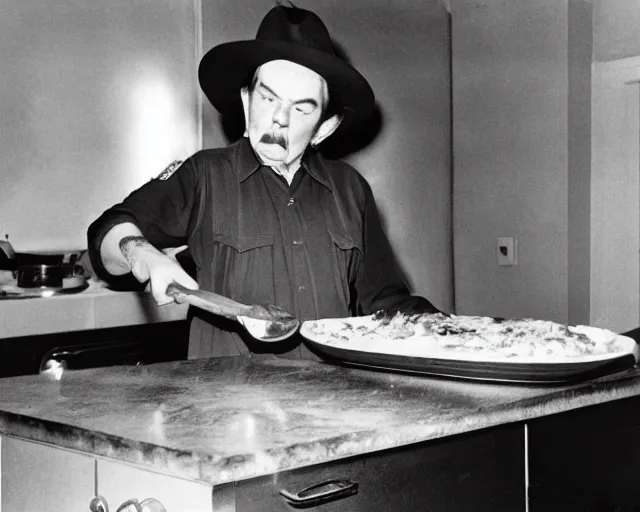 Prompt: candid photo of captain beefheart removing a lasagne from the oven