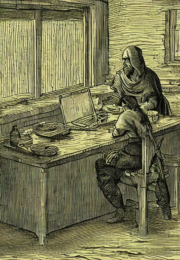 Image similar to [Medieval peasant sitting on a desk watching a computer in a dimly light room. There are cans on and around the desk and an arched window in the background. Illustration, sharp!, focus, high quality, smooth!]