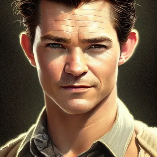 Prompt: A combination of Tom Holland's and Orlando Bloom's and Chris Pine's faces as Nathan Drake, western, D&D, fantasy, intricate, elegant, highly detailed, digital painting, artstation, concept art, matte, sharp focus, illustration, art by Artgerm and Greg Rutkowski and Alphonse Mucha