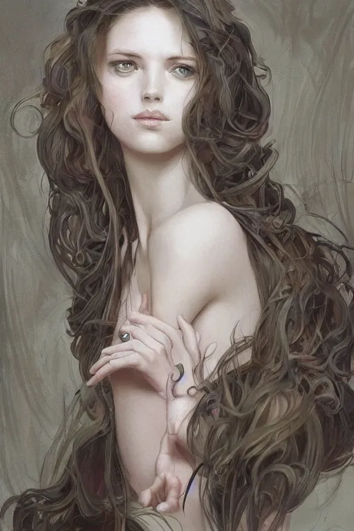 Image similar to portrait of everything, long hair, fantasy, elegant, intricate, full frontal shot, highly detailed, digital painting, artstation, concept art, sharp focus, illustration, art by artgerm and greg rutkowski and alphonse mucha