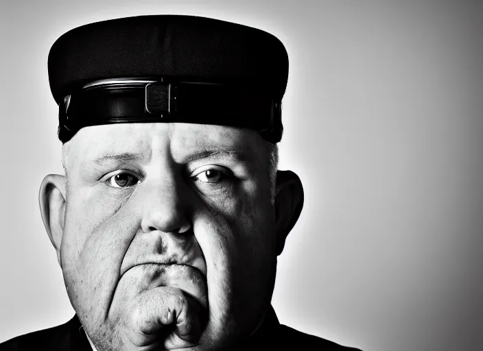 Prompt: high resolution black and white portrait with an 8 0 mm f / 4. 4 lens of a fat 7 0 year old intelligence agent looking very serious with a face like he is guarding a secret.