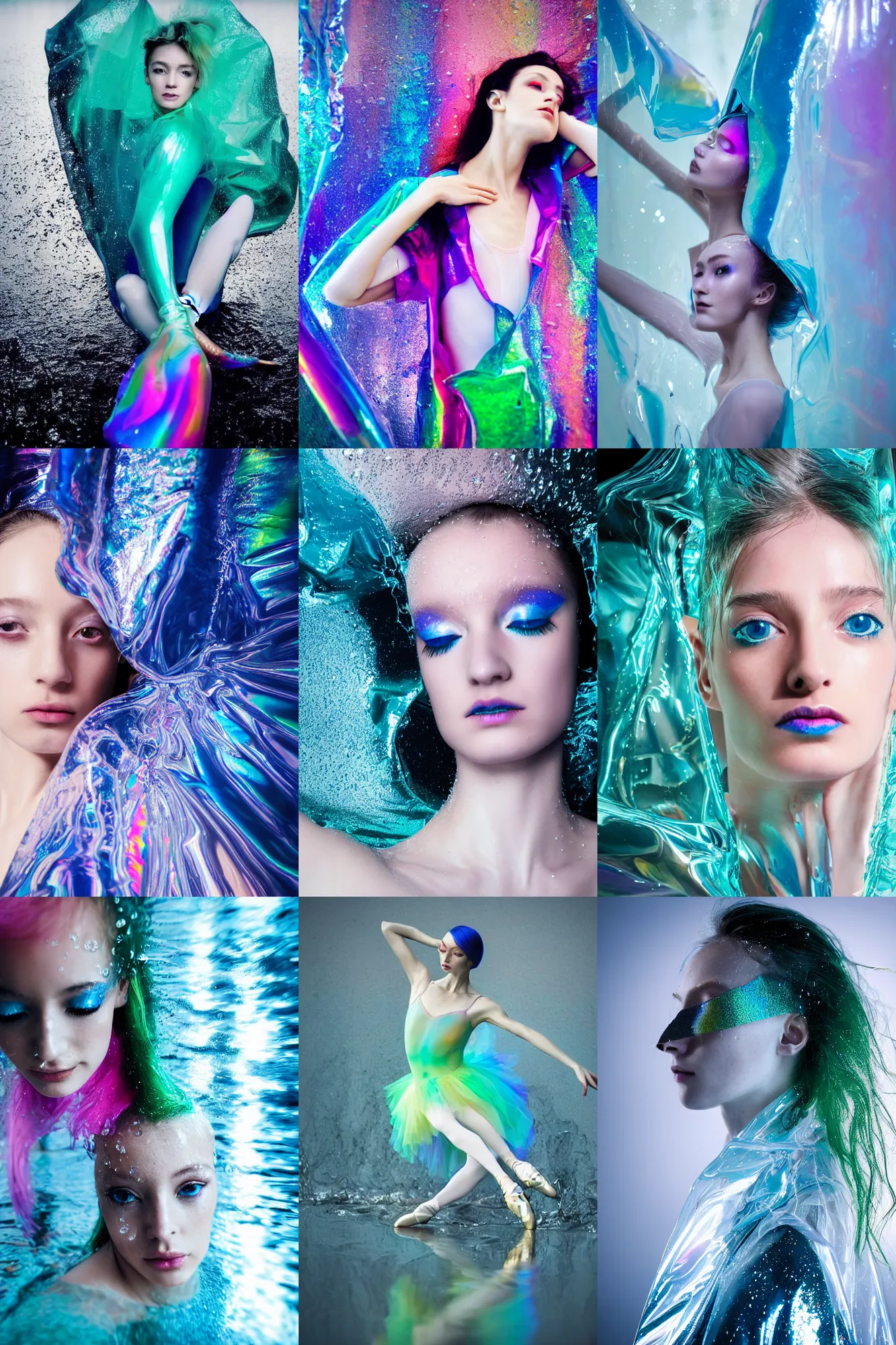 Prompt: Beautiful Fashion photography extreme closeup portrait of feminine ballet dancer half submerged in heavy nighttime paris floods, water to waste, wearing a translucent refracting rainbow diffusion wet plastic zaha hadid designed specular highlights raincoat, épaule devant pose;blue hair;green eyes;wlop anime;petite; by Nabbteeri, épaule devant pose, ultra realistic, Kodak , 4K, 75mm lens, three point perspective, chiaroscuro, highly detailed, by moma, by Nabbteeri