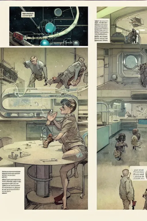 Image similar to graphic novel page layout ( ( ( ( ( 1 9 5 0 s retro future boy super scientest lab interior. muted colors. ) ) ) ) ) by jean - baptiste monge!!!!!!!!!!!!!!!!!!!!!!!!!!!!!!