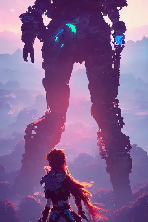 Image similar to combination suit armor aloy horizon forbidden west horizon zero dawn radiating a glowing aura global illumination ray tracing hdr fanart arstation by ian pesty and alena aenami artworks in 4 k tribal robot ninja mask helmet backpack