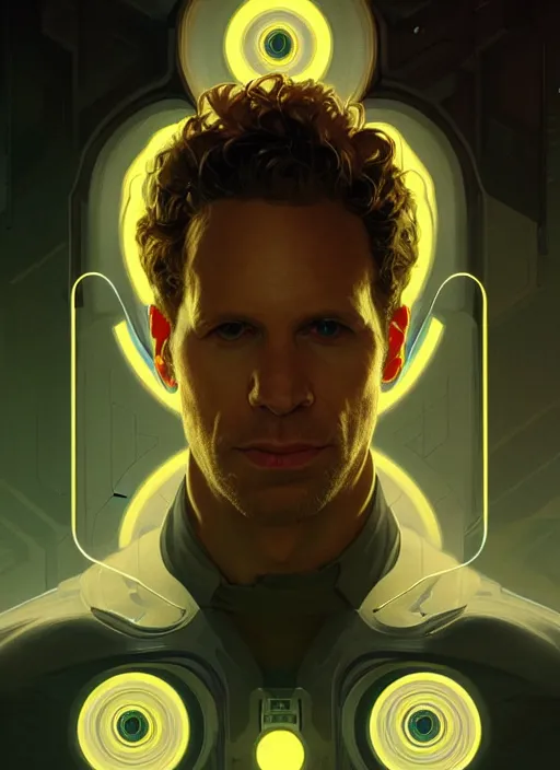 Image similar to symmetry!! portrait of glenn howerton, sci - fi, tech wear, glowing lights!! intricate, elegant, highly detailed, digital painting, artstation, concept art, smooth, sharp focus, illustration, art by artgerm and greg rutkowski and alphonse mucha