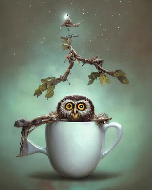 Image similar to long shot of a very cute owl chick nesting in a futuristic mug, esao andrews, humorous illustration, hyperrealistic, big depth of field, warm colors, night scenery, low light, 3 d octane render, 4 k, concept art, hyperdetailed, hyperrealistic, trending on artstation