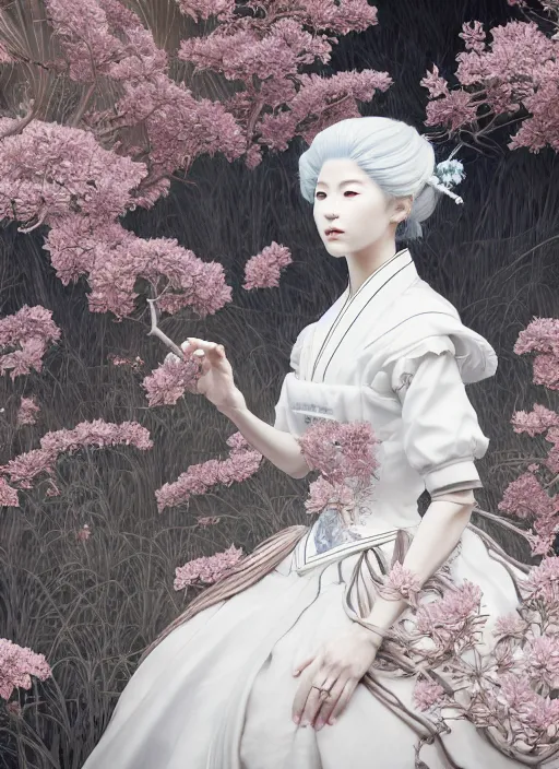 Image similar to portrait of a beautiful japanese princess with white hair dressed as a french maid, elegant, highly detailed, digital painting, an ultrafine detailed illustration by james jean, intricate linework, octane render, by ruan jia and zeen chin and alphonse mucha, unreal engine 5 highly rendered, ethereal, ominous, detailed and intricate environment