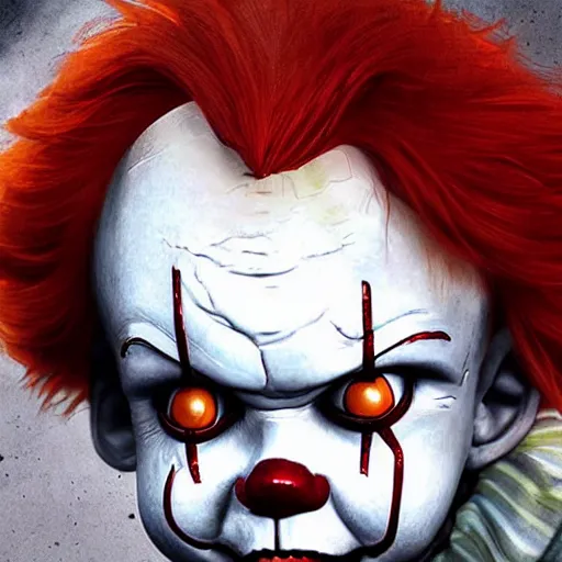 Image similar to pennywise in the style of chucky, realistic photo, well detailed, trend in artstation, 8k