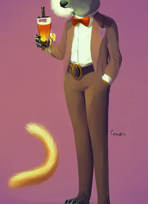 Image similar to squirrel anthro as a dapper bartender with a big, fluffy tail, retro futurism, art deco, detailed painterly digital art style by WLOP and Cory Loftis, 🐿🍸🍋, furaffinity, trending on artstation