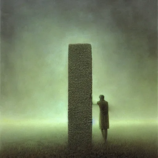 Prompt: arm reaching out of thick fog, sky full of stelae, zdzislaw beksinski