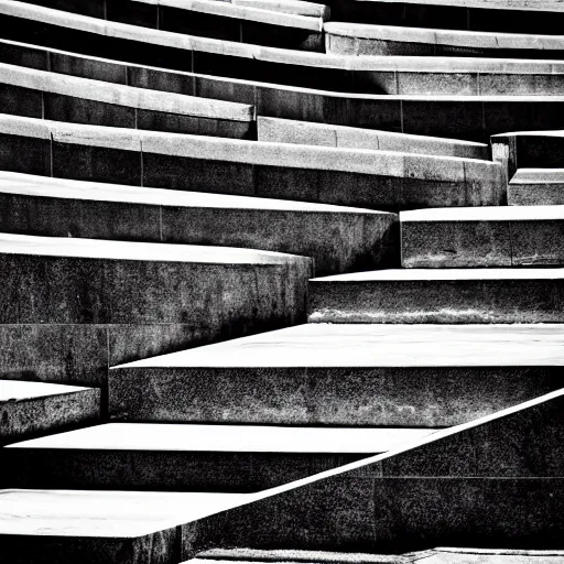 Image similar to black and white surreal photograph, highly detailed vast space made of stairsteps, sideview, detailed textures, natural light, mist, architecture photography, film grain, soft vignette, sigma 1 4 mm f / 1. 4 1 / 1 0 sec shutter, imax 7 0 mm footage