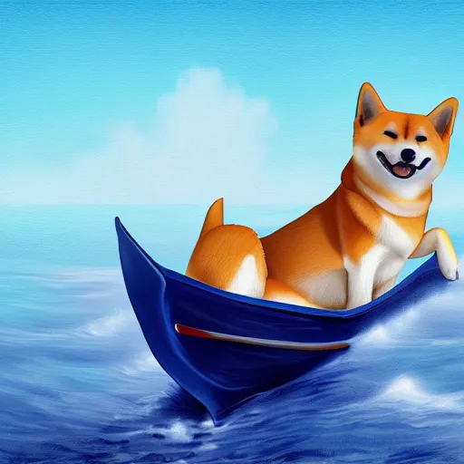 Image similar to a cute shiba inu whith a sailor hat steering a boat, endless sea, digital painting, 4 k, realistic