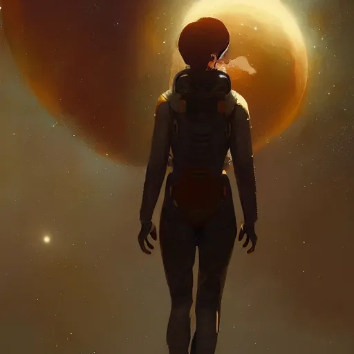 Image similar to female alone in outer space by greg rutkowski, ultradetailed digital painting, 🍑, 8 k, realism, intriguing